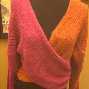 Fuzzy Orange Magenta Crossover Sweater Size L